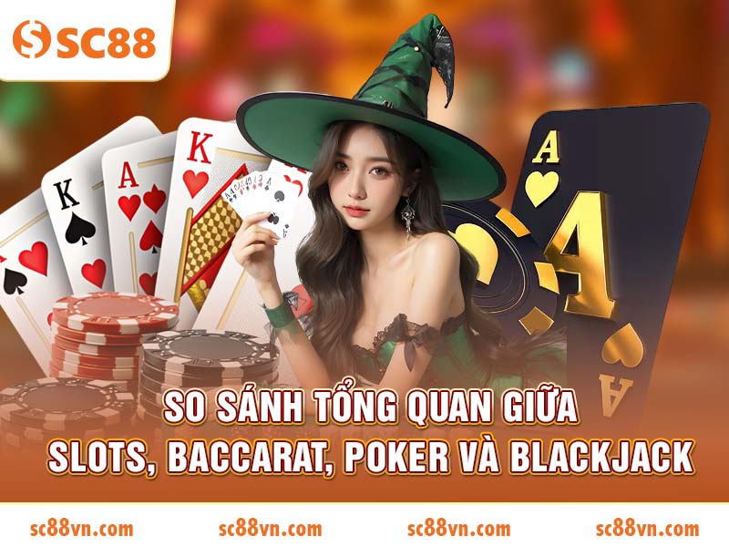 So sánh tổng quan giữa Slots, Baccarat, Poker và Blackjack